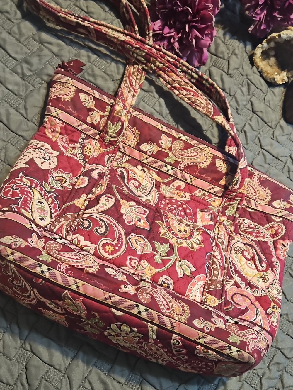 Vera Bradley Quilted Paisley Tote Bag - Maroon Floral GUC